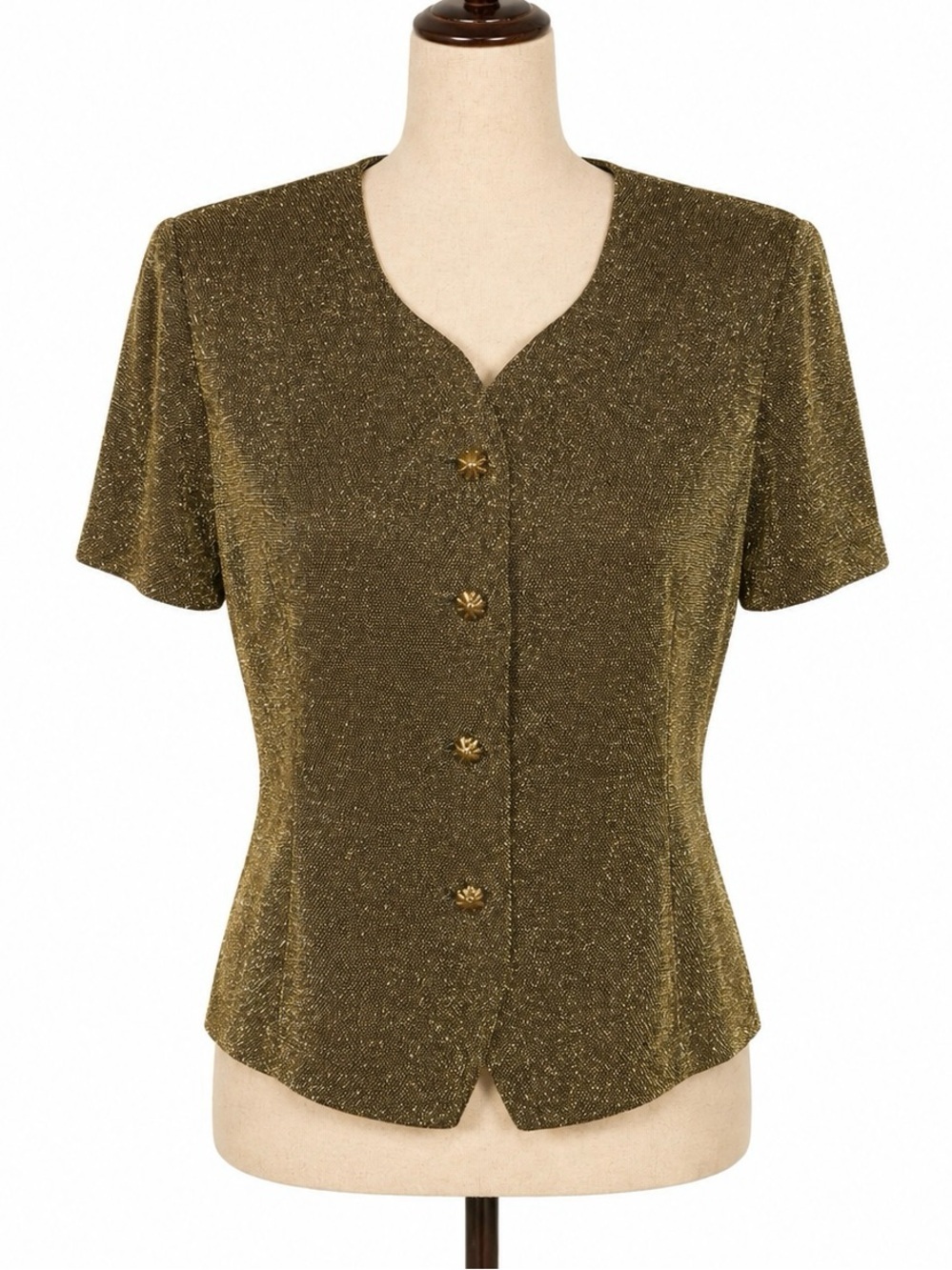 NOS vintage gold sparkle button down top/ blouse. 80s- shoulder pads- M